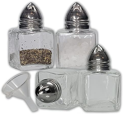 Set di 4 mini cubi in vetro trasparente per sale e pepe con tappo in acciaio inox e imbuto facile da riempire