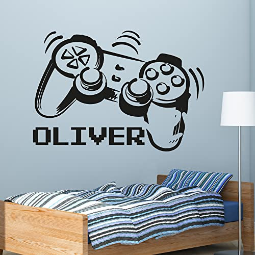 Gaming Controller Personalised Name Wall Sticker Gamer Bedroom Art Decal Mural Kids (90cm Width x 60cm Height)