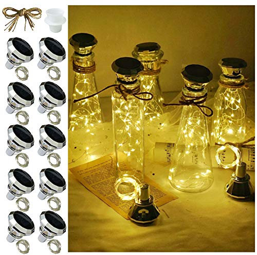 Solar Wine Bottle Lights, 10 Pack Diamond Cork Lights, 20 LED Outdoor Waterproof Fairy String Lights for Garden Wedding Patio (Warm White)