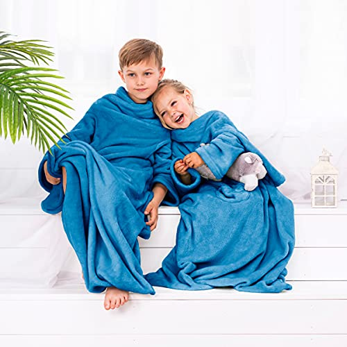 DecoKing Kinder Decke mit Ärmeln 90x105 cm Dunkelblau Microfaser TV Decke Kuscheldecke Weich Fleecedecke Kiddo