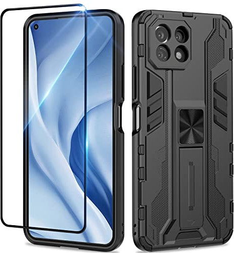 Btstring Hülle kompatibel mit Xiaomi Mi 11 Lite 4G/5G/5G NE mit Schutzfolie, Militär Standard Cover Case Standfunktion Handy Hüllen Schwarz