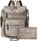 Shrrie Rucksack Damen,Cityrucksack Reiserucksack,PU Lederrucksack Handtasche Rucksack Damen Wasserdicht mit Geldbörse für Freizeit,Büro,Pendeln,Arbeit,Daypack-Zweifarbiges Grau
