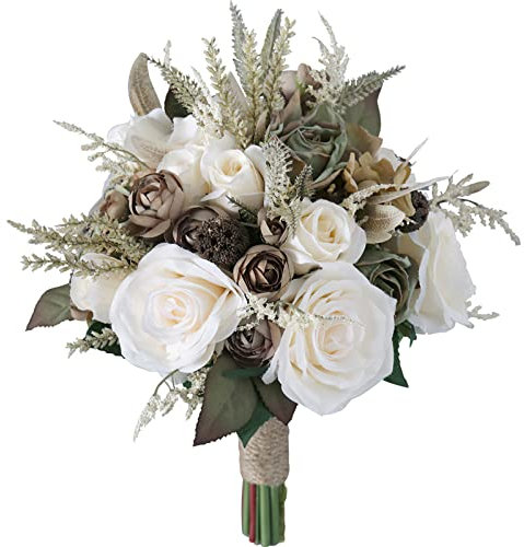 Fouriding Hochzeitsstrauß im Vintage-Stil, künstlich, mehrfarbig, seidig, Handblume, cremeweiß, Khaki, Rose, Braut, Brautstrauß, Brautjungfer, Hochzeitsdekoration, Blumensträuße