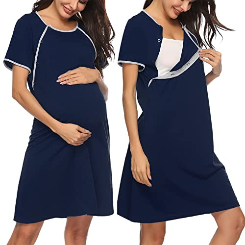 Sykooria Women's Maternity Nightdress Breastfeeding Nightwear Short Sleeve Nursing Nightgown Button Down Sleep Shirt V Neck Pajama Tops Soft Loungwear For Pregnant Women