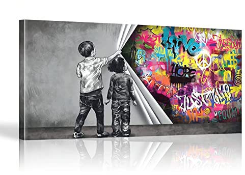 Banksy Graffiti-Kind Ungedeckte Gerechtigkeit, übergroßer Wand-Kunstdruck, Junge hinter dem Vorhang, Bilddekoration, 27,56 x 64,96 Zoll (70 x 165 cm), mit Rahmen