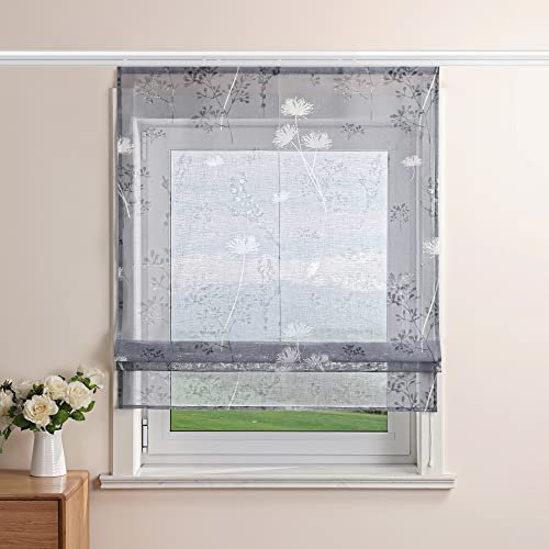 Delien Raffrollo Leinenoptik Transparente Rollos Landhaus Küche Gardine Modern Raffgardine mit Blumendruck »Löwenzahn« Bändchenrollo für Klein Fenster mit Klettband BxH 80x140cm,Grau