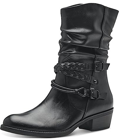 MARCO TOZZI Stivaletti Donna con Tacco in Pelle Sintetica con Fibbie, Black, 37 EU