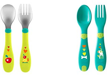 Chicco Posatine Inox 18M+, Posate Bambini, Set Pappa, Forchetta e Cucchiaio per Bambini, in Acciaio Inossidabile, Facili da Impugnare & Prime Posatine in Plastica, 12M+, Colore Unisex