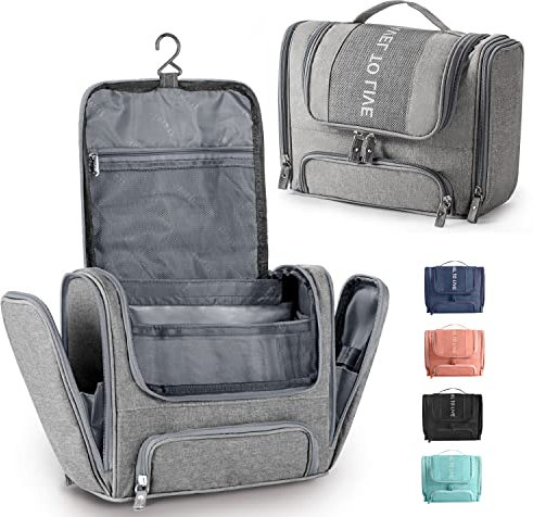 Rieeyrslza Trousses de Toilette Sac de Rangement de Maquillage à Suspendre avec Multi-Compartiments Sac de Toilette avec Crochet et Poignée pour Voyage Gym Business et Vacance (Gris)