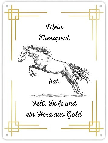 Pferd Metallschild XL in 21x28 cm ein dekoratives Blechschild für Tierliebhaber Mein Therapeut hat Fell Hufe und ein Herz aus Gold Tiere schön