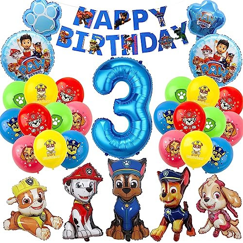 Cartoon Hund Geburtstag Deko 3 Jahre,Cartoon Hund Luftballons Geburtstag 3,Luftballons Zum 3 Geburtstag Dekorieren,Cartoon Hund Luftballons und Folienballon für Kinder Geburtstagsfeier Deko 3 Jahre