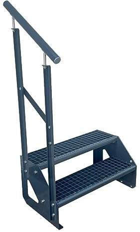 Kaminbau Mierzwa Premium Treppe Freistehend 2 Stufen Anthrazit Geländer Links (Breite 800 mm) (Höhe 38cm) (Wangen: Anthrazit) (Stufen: Anthrazit)