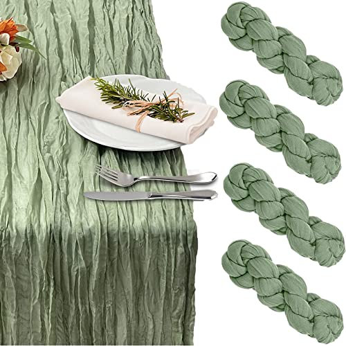 4 Stück 90 x 400cm Tischläufer Salbeigrün, DONGZQAN Tischläufer Grün, Seihtuch-Tischläufer, Tischläufer Hochzeit, Langer Antiker Gaze-Tischläufer für Hochzeitsdekoration Im Boho-Stil, Geburtstagsparty