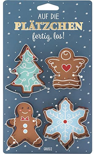 GRUSS & CO Keksausstecher-Set Auf die Plätzchen | Geschenkset mit 4 Ausstechformen, Weihnachtsbaum, Pfefferkuchenmann, Schutzengel und Schneeflocke | Backen für Weihnachten, Backformen | 51125