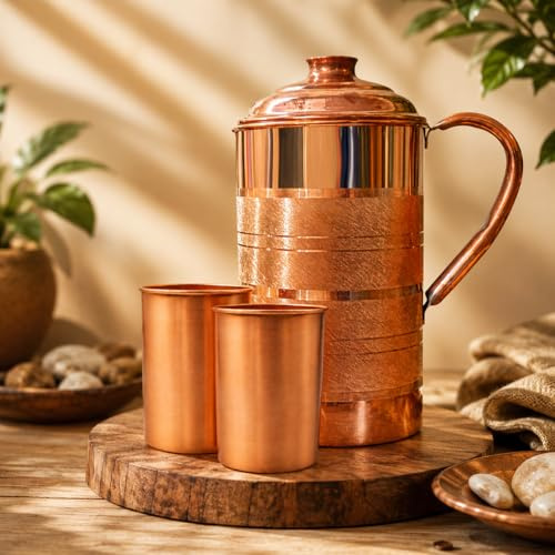 Adoko Pure Copper Water Jug 2litre with 2 Glasses, Copper Pitcher for Drinking Water and Storage with Ayurveda Health Benefit & Smooth Finished