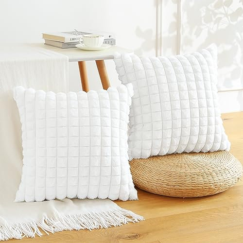 Soleebee 2er Set Plüsch Samt Kissenbezüge, Weiche Künstliche Pelz Plaid Textur Kissenbezug Sofa Zierkissenbezüge Dekokissen Kissenhülle Set für Couch Schlafzimmer Zuhause Dekor (60x60cm, Weiß)