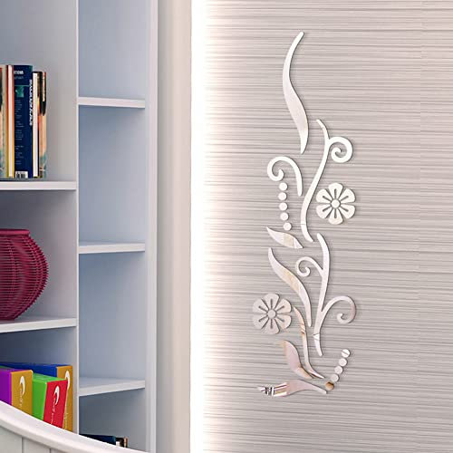 Hodeffior Acryl-Spiegel-Wandaufkleber, Blumenform, starke Reflexion, selbstklebende Abziehbilder, Heimdekoration, Zubehör für Zuhause, Silber