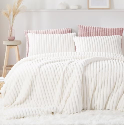 Lanqinglv Housse de Couette Peluche 220x240cm Blanc à Rayures Flanelle Furry Fuzzy Fur Hiver Doux Parure de lit 2 Personnes Housse de Couette et 2 taies d'oreiller 65x65cm