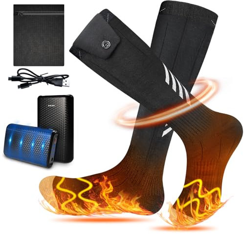 Beheizte Socken für Herren Damen, Wiederaufladbar Beheizbare Socken Elektrisch Fußwärmer 4500mAh 3 Einstellbarer Temperatur Beheizbare Socken für Skifahren Radfahren Camping Angeln-Schwarz Grau