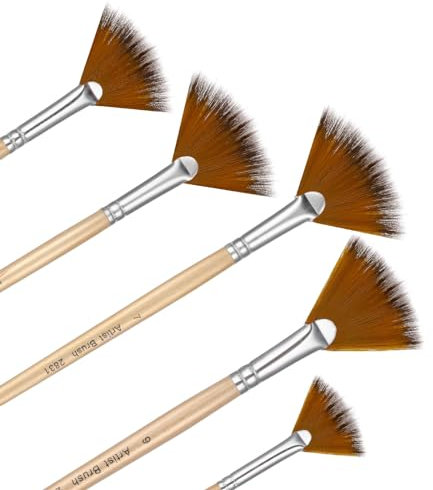 Prasacco Lot de 5 Pinceaux Éventails pour Peinture Acrylique, Huile, Aquarelle et Gouache - Nylon avec Manche en Bois