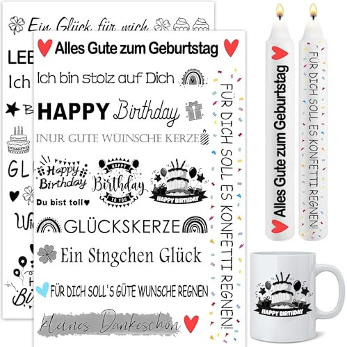 NVTRSD Kerzentattoo Wassertransferdruck Set, Wassertransferfolien, Kerzentattoos mit Bildern und Sprüchen, Kerzendekoration für besondere Anlässe wie Ostern, Geburtstag, Lieblingsmensch