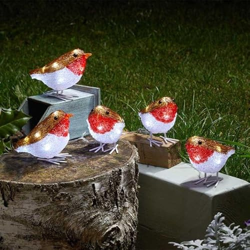 Three Kings Rotkehlchen-Leuchten aus Acryl, mit 40 kaltweißen Weihnachts-LEDs, mit Clip-On Auto-Timer, 5 Stück