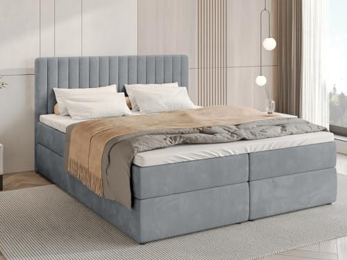 BROMARKT Boxspringbett mit Bettkasten Polsterbett mit Bonell-Matratze und Topper Doppelbett mit Stauraum Bett für Schlafzimmer gepolstertes Kopfteil Dream 140x200 Härtegrad H3 Samtstoff Grau