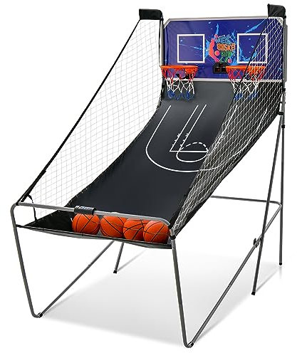 GYMAX Automat Basketballkorb, faltbar Elektronische Basketballspiel mit 8 Spieleinstellungen & elektronischer Anzeigetafel, Schießmaschine inkl. 4 Bällen & 2 Fangkörben (Blau)