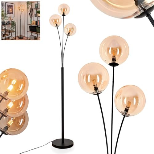 Stehleuchte Bernado, Stehlampe aus Metall/Glas in Schwarz/Bernstein, Leuchte im modernen Retro/Vintage-Design mit Schirmen aus Glas (Ø 15 cm), dimmbar über Fußschalter, 3 x G9, ohne Leuchtmittel