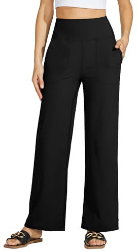 WILLIT Yogahose Damen Weites Bein Sporthose Hohe Taille Yoga Hosen Bauchkontrolle Schlaghose Freizeithose Frauen Jogginghose mit Taschen 30 Schwarz L