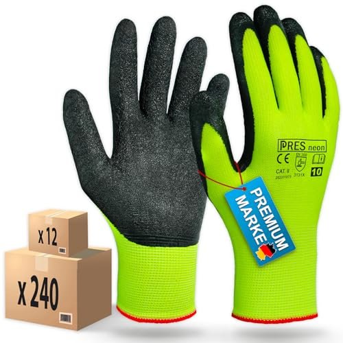 PRESTIGION Arbeitshandschuhe Herren Größe 8-M (12 Paare) – Latex Handschuhe Arbeit - Abriebfest - Ideal für die Baustelle, den Heimwerker oder den Garten