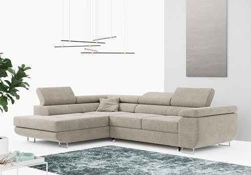 MKS MEBLE Ecksofa Beige Wohnzimmer - Wohnlandschaft - Schlafsofa mit Bettkasten - Ecksofa mit Schlaffunktion - Wohnzimmer L Couch - Polstersofa mit Bettkasten - Gustaw - Beige - Links
