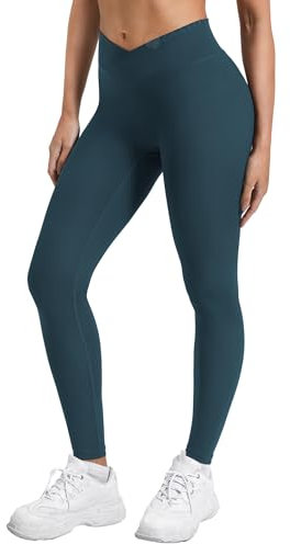 ZAAYO Leggings Damen Invisible Scrunch Butt Sport Leggings V Cross Taille Leggings High Waist Push Up Gym Yoga Leggings Blue Green M