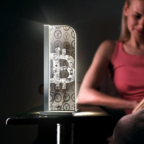 Luverre Tisch-Lampe | LED-Leuchte | Glas-Leuchte mit Gravur für Nachttisch, Kommode, Wohnzimmer | Motivation, Pop Art, Bitcoin (Bitcoin, Rechteck | silber)