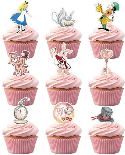 Party Go 36PCS Alice In Wonderland Cupcake Toppers Hat Bowl Key Clock Eat Me Try Me Cupcake Picks Tea Party Cake Decorations for Baby Shower Birthday Alice In Wonderland Theme Party Decor Supplies