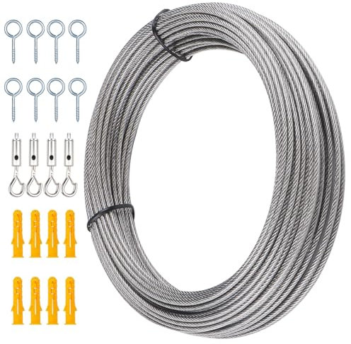 Drahtseil Rankhilfe Set 20M Edelstahl Draht Seil mit Längenverstellbar Haken Ummantelt 2mm PVC-Beschichtetes 7X7 Edelstahlseil als Wäscheleine Kletterpflanzenseil Gardinenseil Duschvorhangseil