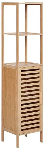 Beliani Badregal mit Tür Bambusholz Hellbraun 145 cm hoch 5 Fächer Lamellen-Optik Owasso