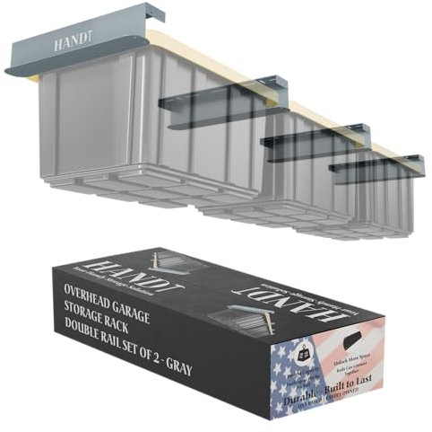 HANDT Überkopf-Garagen-Aufbewahrungsregal, anschließbare, robuste Metall-Deckenschienen für Garagenaufbewahrung, Organisationsregalsystem, Hängeregale für Tragetaschen, unterstützt bis zu 3 Behälter,