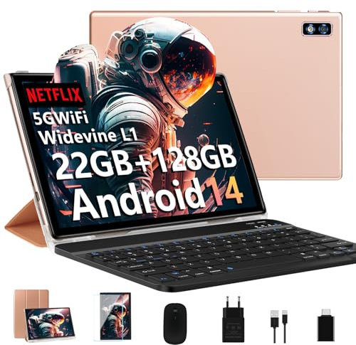 2025 Newest Tablet 10 Pollici Android 14 OS 22GB RAM+128GB ROM(TF 1TB), Octa Core 2.0Ghz /5G+2.4G WiFi/GMS/8000mAh/Bluetooth 5.0/Widevine L1/8MP+5MP/GPS/Tablet 2 in 1 con Tastiera e Mouse - Oro Rosa