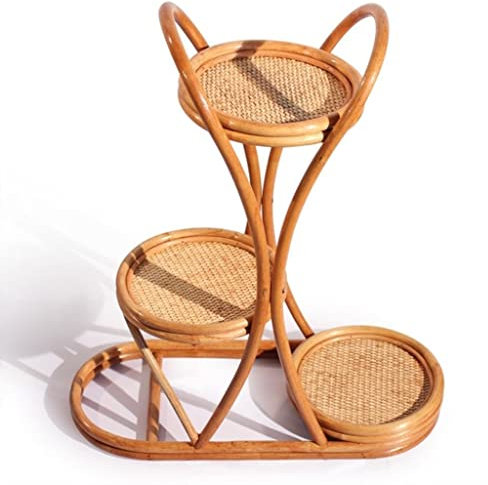 Support à 3 étages en rotin et osier fait à la main pour pot de fleurs en bambou – Étagère de présentation pour balcon, salon, extérieur/intérieur