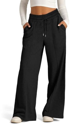 EIRUKON Pantalon Jogging Femme Large Pantalon Sport Baggy Jogging Taille Haute Pantalons Droit Décontracté Pantalons de Training Yoga avec Poches et Taille Élastique,Noir,M