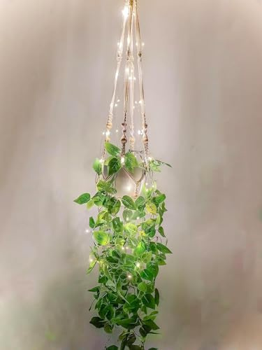 2 Packs Fake Hanging Plant with Lights Artificial Plants with Pots for Home Decor Macrame Plant Hanger with Faux Vines Greenery for Bedroom Bathroom Room Ceiling Wall Boho Decor Indoor Outdoor