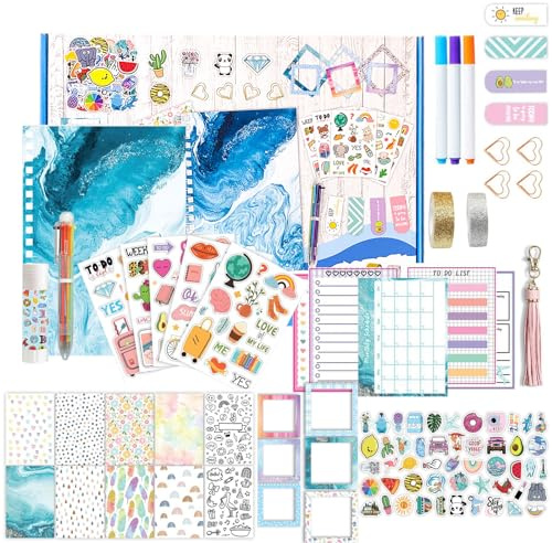 Joyeee Kinder-Tagebücher, Journals und Notizbücher, mit blauem Muster Jungen Geheime Notizbücher, Tiere und Pflanzen Aufkleber, Gold Silber Abklebeband, mehrfarbiger Stift, magnetische Lesezeichen