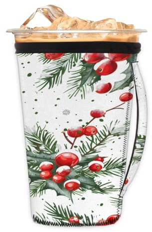 TULIMET Xmas Tree Cherry Iced Coffee Sleeve with Handle Reusable Coffee Cup Insulator Sleeve Cold Drinks Beverages Fits 24-28oz Neoprene Cup Holder for Coffee