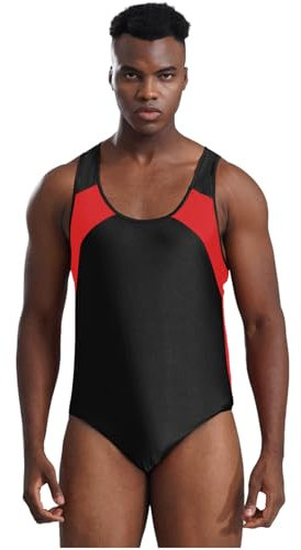 Agoky Herren Sportbody Ärmellos Gymnastikanzug Turnanzug Leotard Wrestling Body Unterwäsche Kurz Overall Farbblock Unterhemd und Slip Schwarz XL