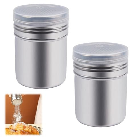 Pack of 2 cocoa shakers for cappuccino, stainless steel shaker, flour shaker with lid, cocoa shaker, icing sugar shaker, Tupperware, icing sugar shaker, icing sugar shaker for cocoa, coffee,