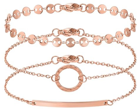 BONNYBIRD® Edelstahl Armband Rosegold Damen Armbänder Set Armkette Frauen Kreis Plättchen Bar Armkettchen Boho Rose Gold Rosegoldenes Damenarmband Wasserfester Sommer Schmuck Bracelet Festival Outfit