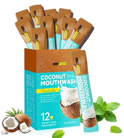Liillya Format Voyage Bain de Bouche Huile de Coco et de Menthe Poivrée,Sans Alcool,Haleine Fraîche 12h,Anti Tartre,Éliminer la Mauvaise Haleine et la plaque dentaire,Santé des dents,20 Sachets