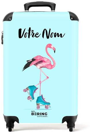 NoBoringSuitcases.com Kinderkoffer Mädchen - Reisetrolley Mit Rollen - Kinder Reisekoffer - Mit Namen - Flamingo Rollschuhen - Blau - Koffer Mädche - Kabinenkoffer 10kg - Handgepäck Koffer 55x40x20 cm