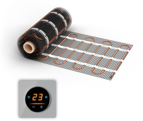 Elektrische Fußbodenheizung: Zweiader-Heizmatte WARMON ULTRA 200 W/m² mit WiFi-Thermostat OKE-25 Touch und schwarzem Garda Glass-Abdeckrahmen, Thermostat:OKE25 Garda Grau, Mattengröße:14 m²